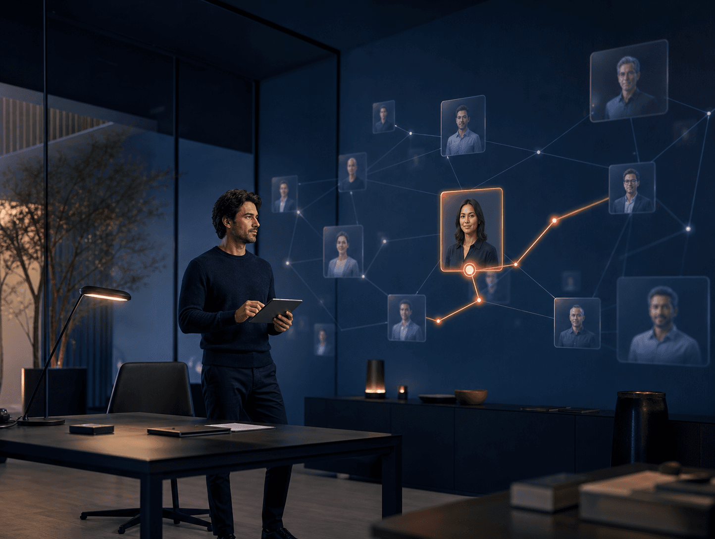 Independent sourcer using AI-assisted matching to identify one relevant person in a trusted professional network