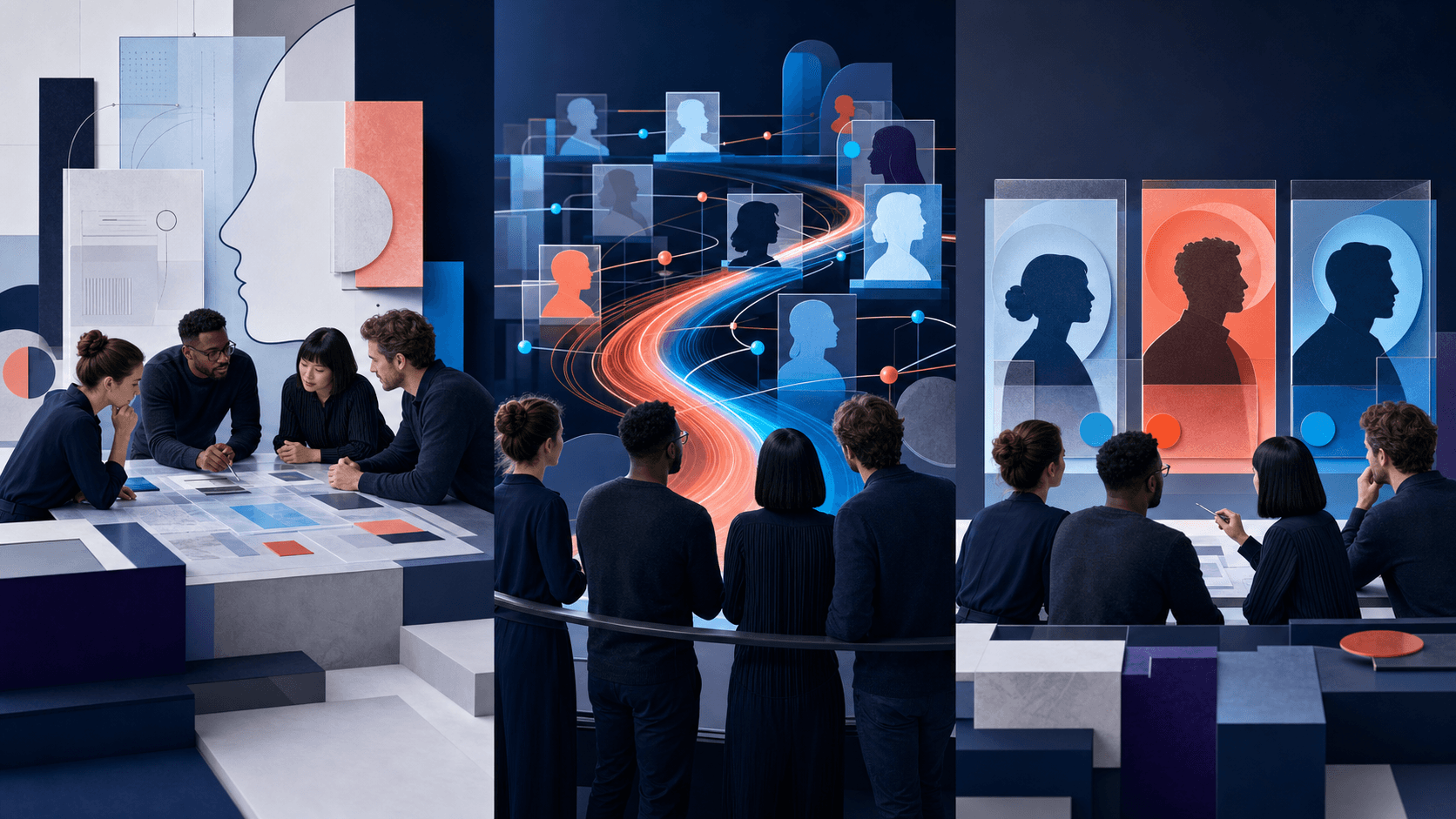 Illustrated three-scene employer journey from shaping a role brief to reviewing a shortlist