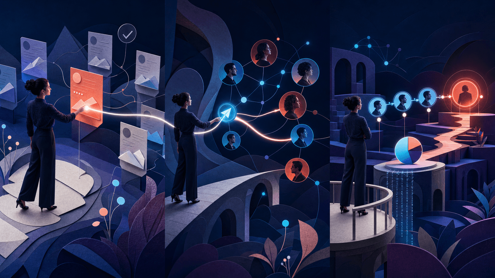 Illustrated three-scene sourcer journey from selecting a role to following an attributed outcome