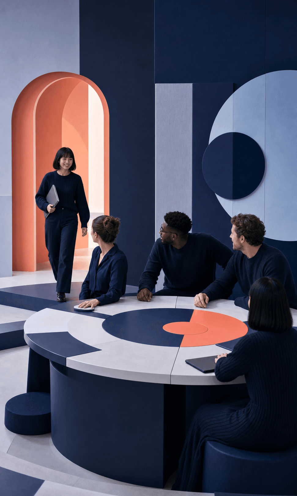 New colleague entering a team workspace through a warm architectural doorway